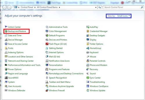 Windows 7 Control Panel, View By Icons, Backup and Restore